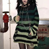 Gwmlk Gradient Striped Gothic Sweaters Women Ripped Holes Loose Knitted Pullover Frayed Fairy Grunge Jumpers Emo Streetwear