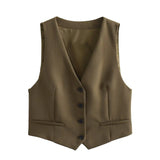 Gwmlk High Street Women V Neck Fitted Cropped Sleeveless Vest Elegant Office Waistcoat