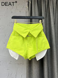 Gwmlk Women's Denim Shorts High Waist Fluorescent Green Cuffs Design Belt Wide Leg Short Pants 2024 Summer New Fashion 29L1819