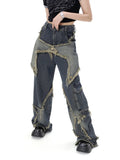 Gwmlk women star stitching tassel pants American retro high street jeans loose wide leg pants trendy punk y2k pants