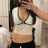 Gwmlk Coquette Contrast Patchwork V-neck Lace Cropped Top White Cute Hook Floral Hoollow Short Sleeve T-shirts Summer Tees