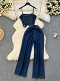 Gwmlk Chic Denim Sets Strap Sleeveless Stripe Camis+Basics Wide Legs Pants Fashion Streetwear Vacation Style Vintage Suits