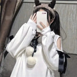 Gwmlk Kawaii Bow Hoodie Sweatshirt Spring E-Girl Off Shoulder Long Sleeve Sweatshirts Y2k Grunge Mid-length Tops Women