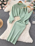 Gwmlk Winter Women Knitted Sets Fashion Breading Long Sleeve Pearl Sweater+Knitted Camis Dress Sets Fashion Sweater Suits