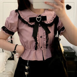 Gwmlk Kawaii Peter Pan Collar Lace Shirts Women Summer E-Girl Heart Short Sleeve Blouses Y2k Aesthetics Lolita Bottoming Tops