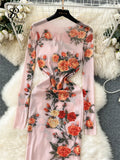 Gwmlk Autumn Sexy Long Dress Fashion O Neck Long Sleeves Slim Korean Mesh Sheer Floral Print Maxi Dress