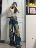 Gwmlk retro women tassel ripped jeans high waist star patch trendy brand fashion loose wide leg floor mopping pants