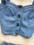 Gwmlk Female Chic Retro Suits Strap Button Elasticity Short Tank+Pleated Mini Skirt Fashion Hotsweet Denim Two Pieces Set