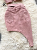 Gwmlk Denim Pink Sexy Women Sets Zipper Sashes Button Pocket Irregular Strapless Backless Top Denim Skirt Two Piece Set