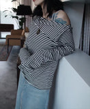 Gwmlk Gray Contrast Striped Tee Shirt Autumn New Lapel Neck Off Shoulder T-shirts Y2k Grunge Long Sleeve Tops Graphic T Shirts