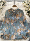 Gwmlk Korean Print Chiffon Shirt Bow Neck Long Sleeves Loose Leopard Top Casual Paisley Vintage Floral Blouse Spring 2024