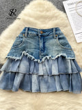 Gwmlk Fashion Sexy Mini Skirt Women Chiffon Ruffled Edge Patchwork Denim Skirts American Vintage A Line Hotsweet Skirt