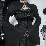 Gwmlk Lace Up Mall Gothic Crop Shrug Tops Grunge Chiffon Flare Sleeve Blouses Female Black Emo Alternative Cover Up