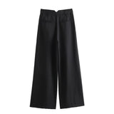 Gwmlk New Women Vintage Pockets High Waist Full Length Pants Casual Loose Straight Trousers