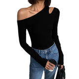 Gwmlk Skew Collar Off-shoulder Long-sleeved T-shirts Women Spring 2024 New Solid Slim Fit Crop Top Sexy Hollow Out Tees Shirts