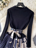 Gwmlk Senior Patchwork Dress Belt Bow Knit Pullover Streetwear Female France Elegant Autumn Long Print Pleated A Line Dress