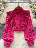 Gwmlk French Style Casual Embroidery Blouse Women Long Sleeves Pearl Shirt Fashion Ruffles Cotton Hollow Out Loose Top