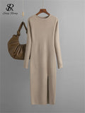 Gwmlk Autumn Skinny Knitted Dress Female O Neck Split Outerwear Fashion Korean Style Office Lady Solid Slim Sweater Dress