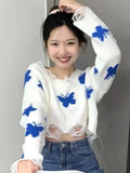 Gwmlk Korean Fashion Graphic Butterfly Knitted Sweater Woman Sweet sized Cropped Tops Off Shoulder Y2K Casual Sweater