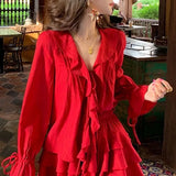 Gwmlk V-neck Ruffles Long Sleeve Tops Women+ Y2k E-Girl High Waist Ruched A-line Skirts Spring New Red Two Piece Sets