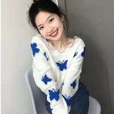 Gwmlk Korean Fashion Graphic Butterfly Knitted Sweater Woman Sweet sized Cropped Tops Off Shoulder Y2K Casual Sweater