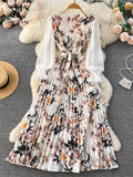 Gwmlk Ethnic Style Print Dress Women Spring New Fashion Puff Sleeve Lace-up Design Sheath 2024 Retro A-Line Long Dress