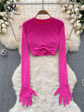 Gwmlk American Hotsweet Streetwear Y2K Tops Cropped O Neck Long sleeved Connecting Gloves Design Fashion Sexy Slim Blouse