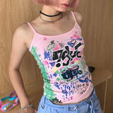 Gwmlk Retro Graffiti Print Pink Camisole Vest 2024 Summer New Slim Fit Tank Top Y2k Aesthetics Bottoming Tops Women