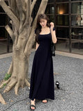 Gwmlk New Summer Waist-fitted Elegant French Style Women's Grey Short Sleeve Tank Dress Long Dress Sexy Dress