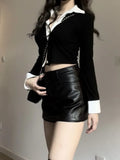 Gwmlk Fake Two Piece Lapel Neck Long Sleeve Tops Women+ Y2k High Waist Pu Black Leather Skirts 2024 Spring New Sets