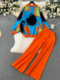 Gwmlk Winter Fashion Thick Sweater Suits 2024 Tie-dye Loose Pullover+Elastic Long Pants Print Casual Knitted Two Pieces Sets