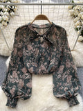 Gwmlk Korean Print Chiffon Shirt Bow Neck Long Sleeves Loose Leopard Top Casual Paisley Vintage Floral Blouse Spring 2024