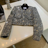 Gwmlk Heavy Sequins Starlight Silver Jackets Spring Long Sleeve Coat Women Y2k Grunge O-neck Single Breasted Tops Mujer