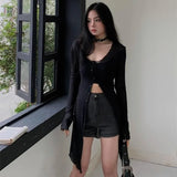 Gwmlk Single Breasted Black Tops Women Summer New Sun Protection Mesh Cardigans Y2k E-Girl Long Sleeve Mid-length Blouses