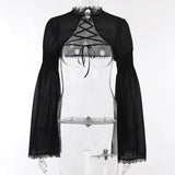 Gwmlk Lace Up Mall Gothic Crop Shrug Tops Grunge Chiffon Flare Sleeve Blouses Female Black Emo Alternative Cover Up