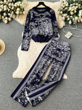 Gwmlk Winter Print Sweater Two Pieces Suits Loose Warm Pullovers+Wide Legs Long Pants Streetwear Vintage Casual Knitted Sets