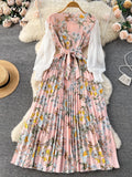 Gwmlk Ethnic Style Print Dress Women Spring New Fashion Puff Sleeve Lace-up Design Sheath 2024 Retro A-Line Long Dress