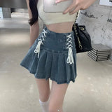 Gwmlk Chic Blue Denim Skirt for Women 2024 Summer New High Waist A-line Skirts Y2k E-Girl Drawstring Bow Faldas Mujer