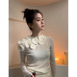 Gwmlk Chinese Style O-neck Flower Beading Tops Women Spring Slim Fit White Pullovers Y2k E-Girl Long Sleeve Sweater Mujer