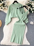 Gwmlk Pearls Knitted Suits Winter O Neck Long Sleeves Pullover+Strap Slim Bodycon Dress Female Elegant Striped Sweater Sets