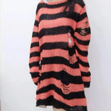 Gwmlk Punk Gothic Sweater Oversized Pullovers Women Striped Cool Hollow Out Hole Broken Jumper Harajuku Aesthetics Sweater