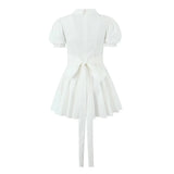 Gwmlk Summer Women Vintage Puff Sleeve Lapel Collar White Mini Dress Tie Bow Sashes Pleated Hem Female Cotton Robe