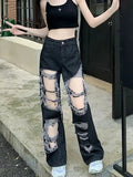 Gwmlk Broken Hole Jeans All-Match Distressed Women High Street Hip Hop High Waist Straight Loose Trousers Y2k Washed Mopping Pants