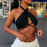 Gwmlk New Women Sexy Cross Halter Tank Tops Y2K Fashion Off-the-shoulder Tie Up Crop Tops Club Party Wear Lady Backless Vest Tops