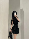 Gwmlk Off Shoulder Sleeveless Halter Black Tops Women+ Y2k E-Girl High Waist Ruched Skirts 2024 Summer New Two Piece Sets