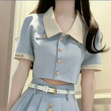 Gwmlk Sweet Lapel Neck Puff Sleeve Tops Women+ Y2k E-Girl High Waist Ruched Skirts 2024 Summer New Blue Two Piece Sets