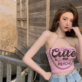 Gwmlk Pink Letter Print Camisole Vest for Women Summer Sexy Off Shoulder Tank Top Y2k E-Girl Bottoming Strapless Tops Female