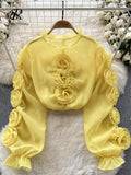 Gwmlk High Quality Organza Women Blouse 2024 Ruffles Neck Long Sleeves Loose Sweet Top Korean Style 3D Floral Sheer Shirt