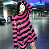 Gwmlk Punk Gothic Sweater Oversized Pullovers Women Striped Cool Hollow Out Hole Broken Jumper Harajuku Aesthetics Sweater