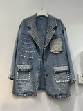 Gwmlk Women Denim Blazers Patchwork Notched Collar Pearls Diamond Embroidered Flares Suit Jackets 2024 Summer New Fashion 29L6434